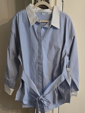 Good American Blue Pinstripe Tie-Waist Shirt with White Collar